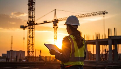 Engineer observing sunset over site
