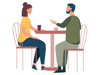Man and women chatting at a table in a cafe. Flat Vector illustration isolated on white background