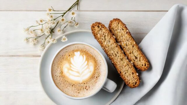 Creamy coffee latte art, crunchy biscuits, and floral accents create cozy breakfast experience