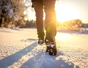 Person walking in snow at sunrise