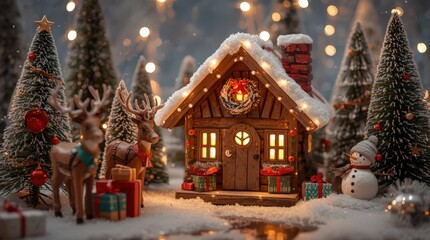 Fototapeta premium Christmas cottage with reindeer snowman and decorated trees 