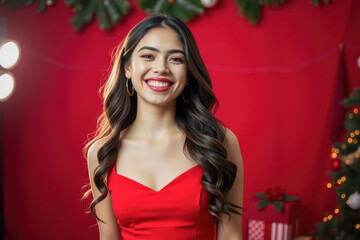 Naklejka premium Smiling Woman in a Red Christmas Dress