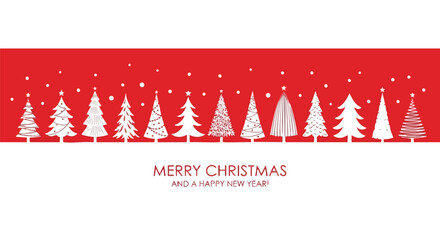 Whimsical white Christmas trees with stars and snowflakes dance across a vibrant red holiday banner wishing seasons greetings © Qinanti Studio