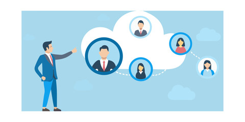 Businessman points to a cloud network connecting diverse people icons representing teamwork and collaboration
