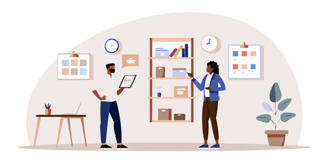 Two diverse colleagues collaborating in a modern office space discussing a digital tablet and project plans