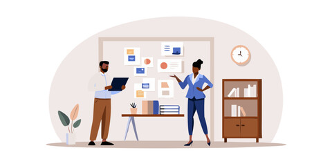 Diverse business professionals collaborating on a project using a whiteboard and documents in an office setting