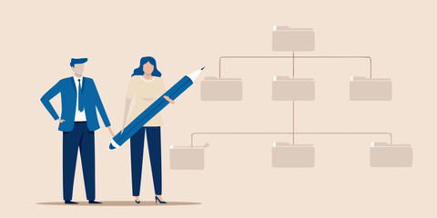 Business team collaborating to create and design an organizational structure chart with a giant pencil