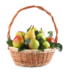 Fresh ripe pears with green leaves in wicker basket isolated on white