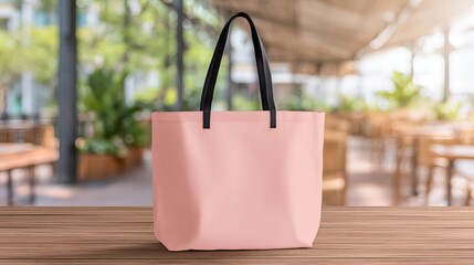 Minimalist Soft Pink Canvas Tote Bag Mockup Isolated on Blurred Background