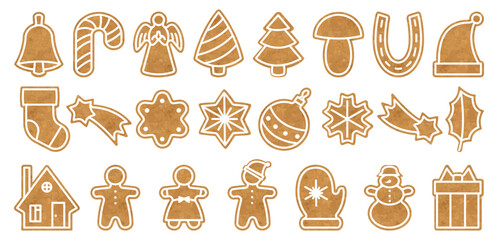 Set of vector silhouettes of Christmas cookies. Gingerbread man, tree, star, snowman, holiday biscuit shapes, festive baking cutters, Xmas decorations