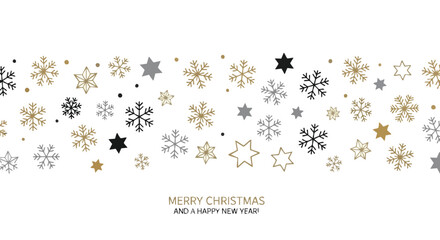Elegant gold and silver snowflakes and stars border design for festive holiday celebrations and winter greetings © Qinanti Studio