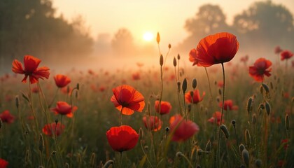 Fototapeta premium Misty morning scene rural meadow. Red poppies bloom in tall grasses, soft focus with gentle, muted colors. Ethereal mystery with delicate light, dewy, atmospheric mood. Countryside nature landscape.