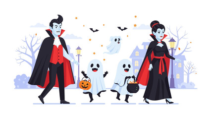 Halloween Family Fun: A spooky cartoon illustration depicts a family in costumes, trick-or-treating on a festive night, bringing to life the spirit of All Hallows' Eve