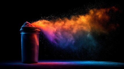 BCAA powder transforming into a colorful stream of light from a gym shaker, energy flow, superhero vibe, horizontal composition