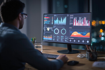 Data analyst working late at night, examining financial charts on a computer screen with the city lights blurred in the background.