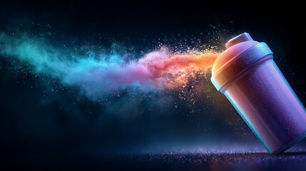 BCAA powder transforming into a colorful stream of light from a gym shaker, energy flow, superhero vibe, horizontal composition