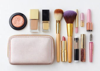 Collection of makeup and cosmetic products isolated on white background