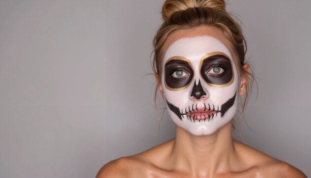 Woman with skull makeup posing against grey background  