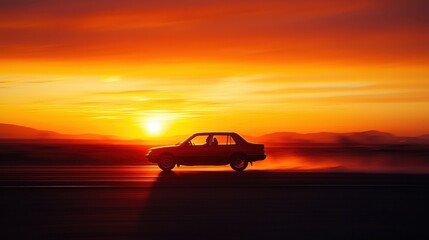 A lone car silhouette drives along a road as the sun sets in a brilliant explosion of orange and yellow hues, symbolizing freedom and the journey of life.