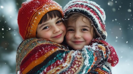 Two joyful children, bundled in colorful winter sweaters, share a warm embrace amidst a snowy backdrop, capturing the essence of friendship and happiness in winter.