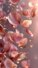 delicate blush pink rose petals gently drifting in mid air