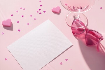 A charming setup featuring a blank card surrounded by pink hearts and stylish sunglasses, perfect for a sweet romantic occasion or a playful invitation.
