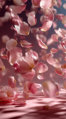 delicate blush pink rose petals gently drifting in mid air