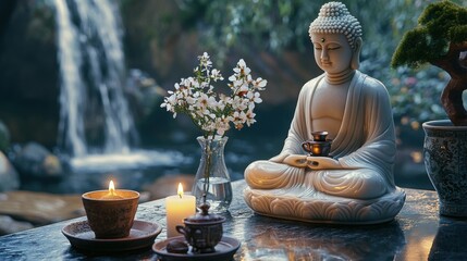 A tranquil scene featuring a Buddha statue surrounded by delicate flowers and candles, creating a peaceful atmosphere for meditation and reflection in nature.