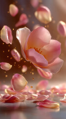 delicate blush pink rose petals gently drifting in mid air
