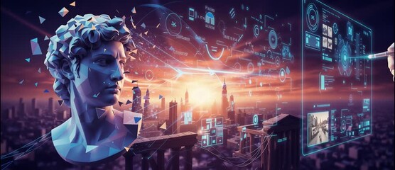 Human head classical sculpure silhouette dissolving into digital network connections with glowing data streams and technological neural pathways in cosmic space - Powered by Adobe