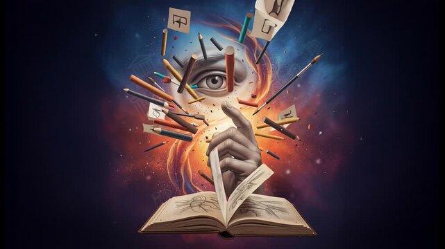 Open art book with mystical hand and eye surrounded by paintbrushes and art supplies representing artistic education and creative learning process in Fine Arts.