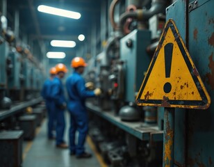 Factory workers in protective gear near machines. Yellow warning sign alerts of noise hazard. Safety measures, industrial environment with equipment, metalworking processes are ongoing.