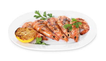 Tasty grilled shrimps with parsley and lemon isolated on white. Delicious seafood dish