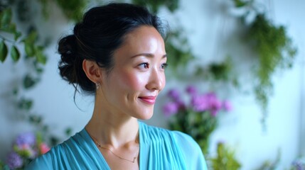 Naklejka premium Serene Beauty: Woman in Blue with Floral Backdrop, Soft Lighting