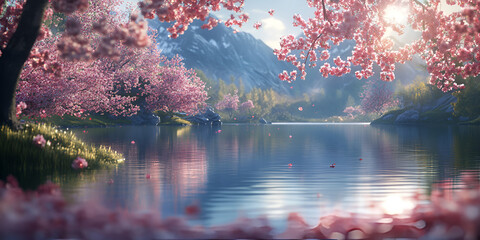 Cherry Blossom Branches Over Water with Soft Sunset Light
