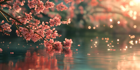 Cherry Blossom Branches Over Water with Soft Sunset Light

