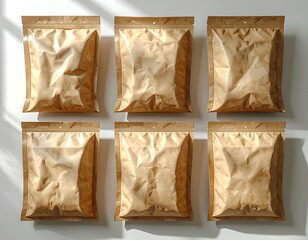 Six kraft paper bags, crumpled, on a white surface