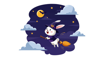 Halloween Bunny Witch Riding Broom: A whimsical illustration of a cute bunny witch soaring through the night sky on a broomstick. Perfect for seasonal designs and fun creative project.