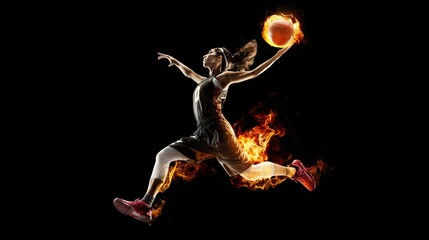 A dynamic woman playing basketball jumps, striking a blazing ball while airborne, representing passion and energy in athletics.