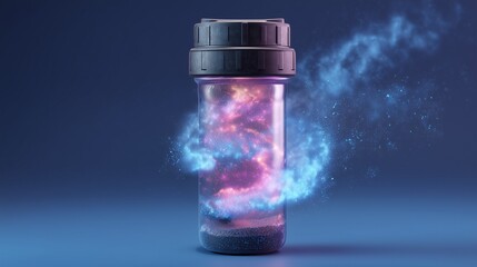 Gym shaker transforming into a magical potion bottle, glowing powder swirling inside, horizontal composition