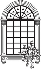 Vintage Arched Window Illustration with Decorative Frame and Potted Plant