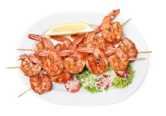 Skewers with tasty grilled shrimps, salad and lemon slice isolated on white, top view. Delicious seafood dish