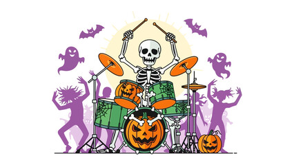 Spooky Halloween Drummer Silhouette: A spectral skeleton drummer is set against a purple background, joined by dancing silhouettes and festive Halloween motifs, creating a lively, haunting atmosphere.