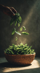 Basil leaves being dropped by hands into a wicker basket