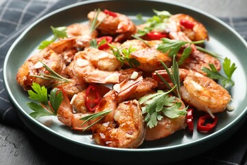 Tasty grilled shrimps with herbs and spices on black table, closeup. Delicious seafood dish