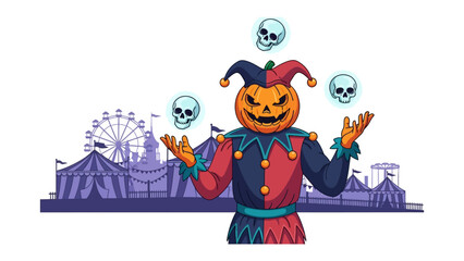 Halloween Juggler at Carnival: A spooky, illustrated Halloween scene features a pumpkin-headed jester at a carnival, juggling floating skulls in a festive atmosphere.