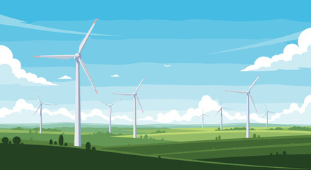 Wind Turbines Generating Clean Energy in a Green Field Landscape.