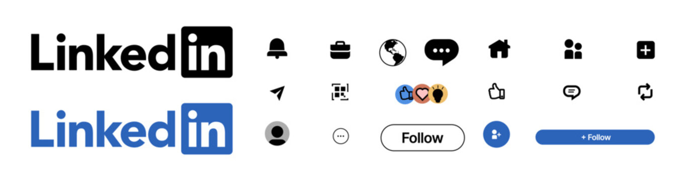 LinkedIn logo and UI icons pack with follow buttons and reactions in modern flat style
