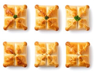 Six square pastries, golden brown, arranged in a grid pattern on a white background.  Top view
