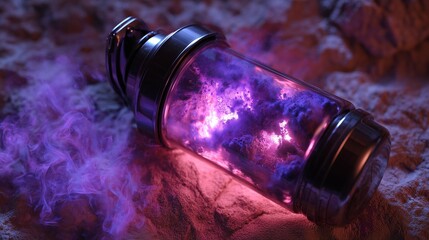 Gym shaker transforming into a magical potion bottle, glowing powder swirling inside, horizontal composition